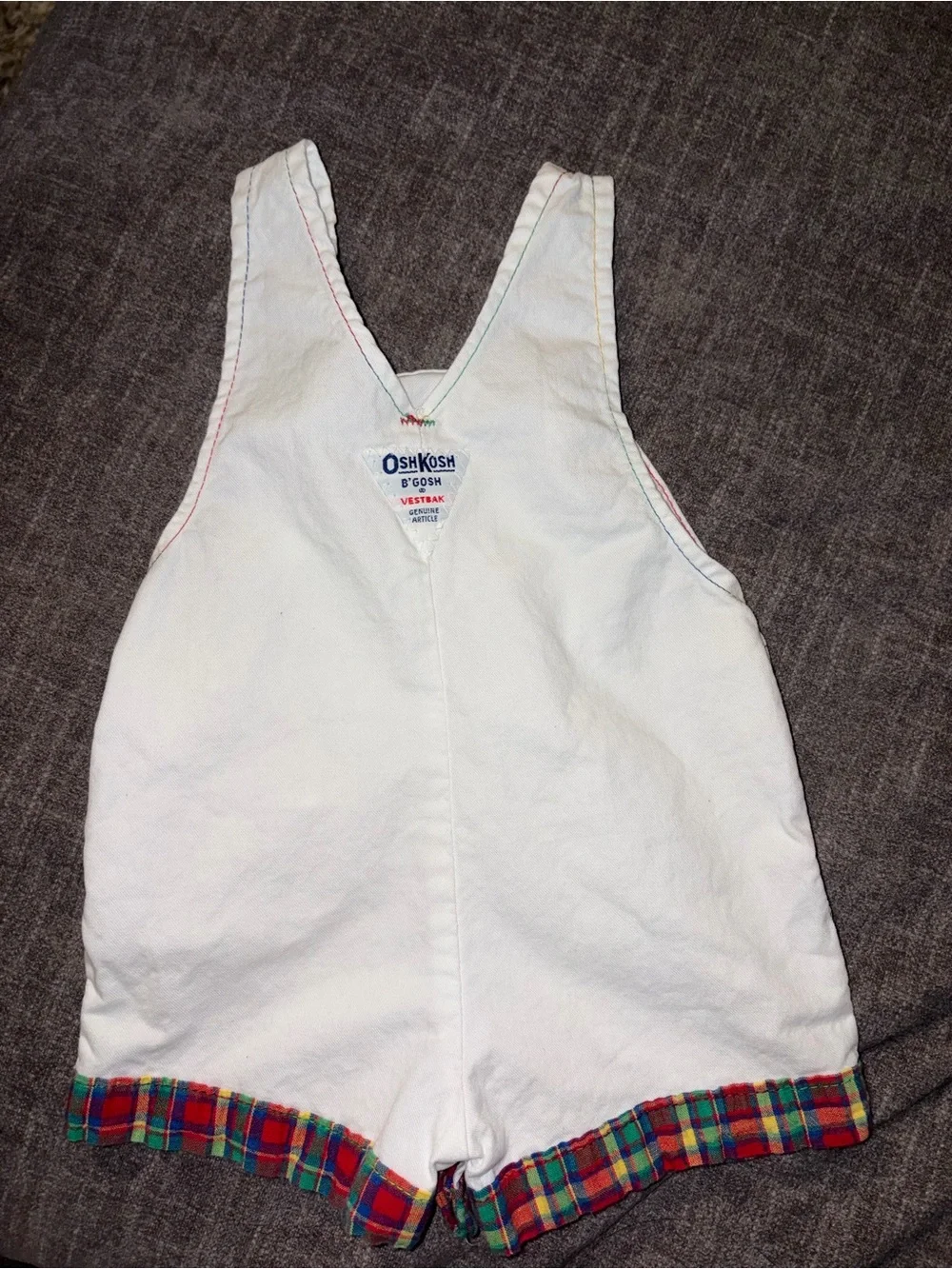 Vintage OshKosh B'gosh White Overalls with Multicolor Plaid Trim